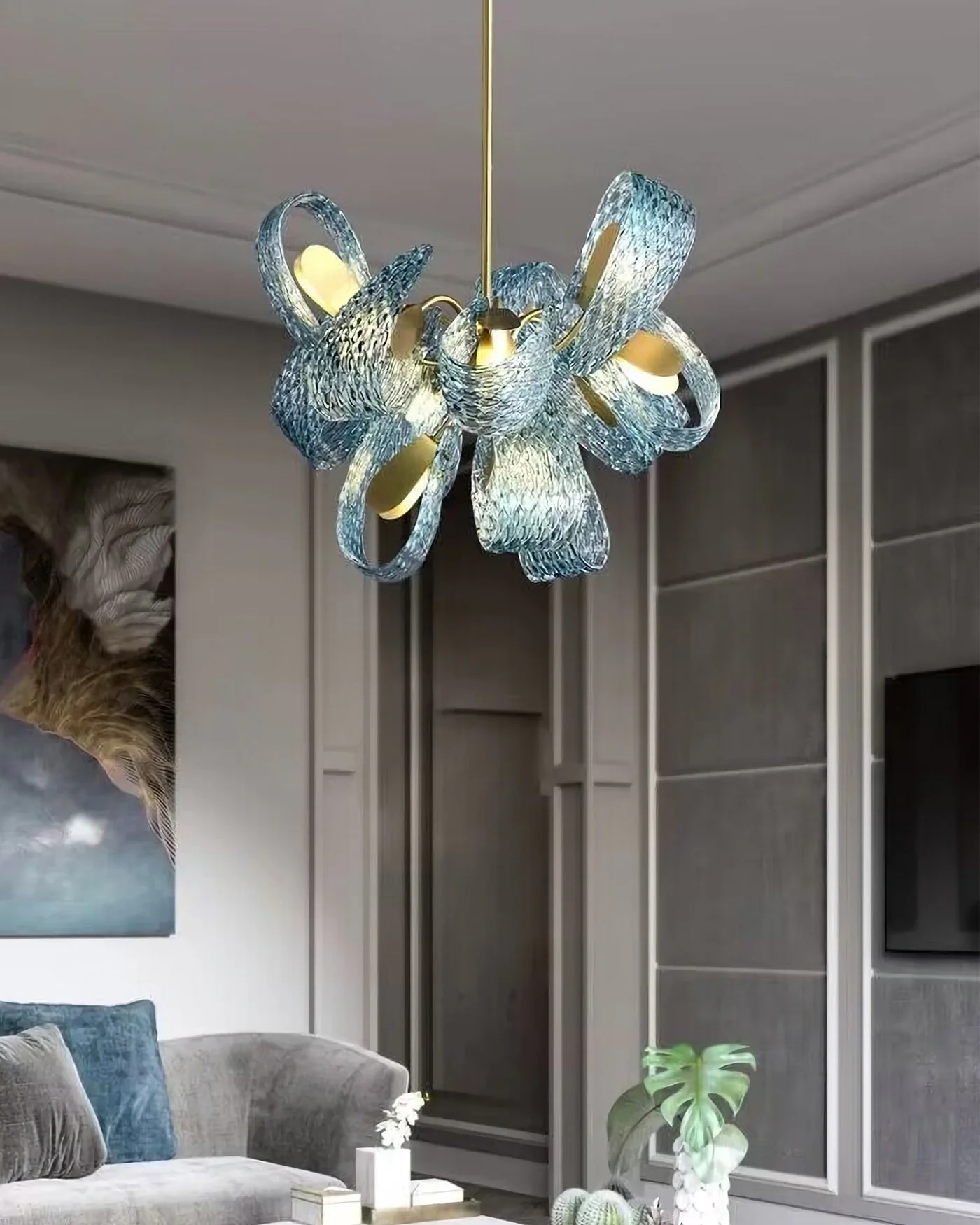 WOMO Peacock Blue Art Glass Chandelier-WM2213b - Image 3